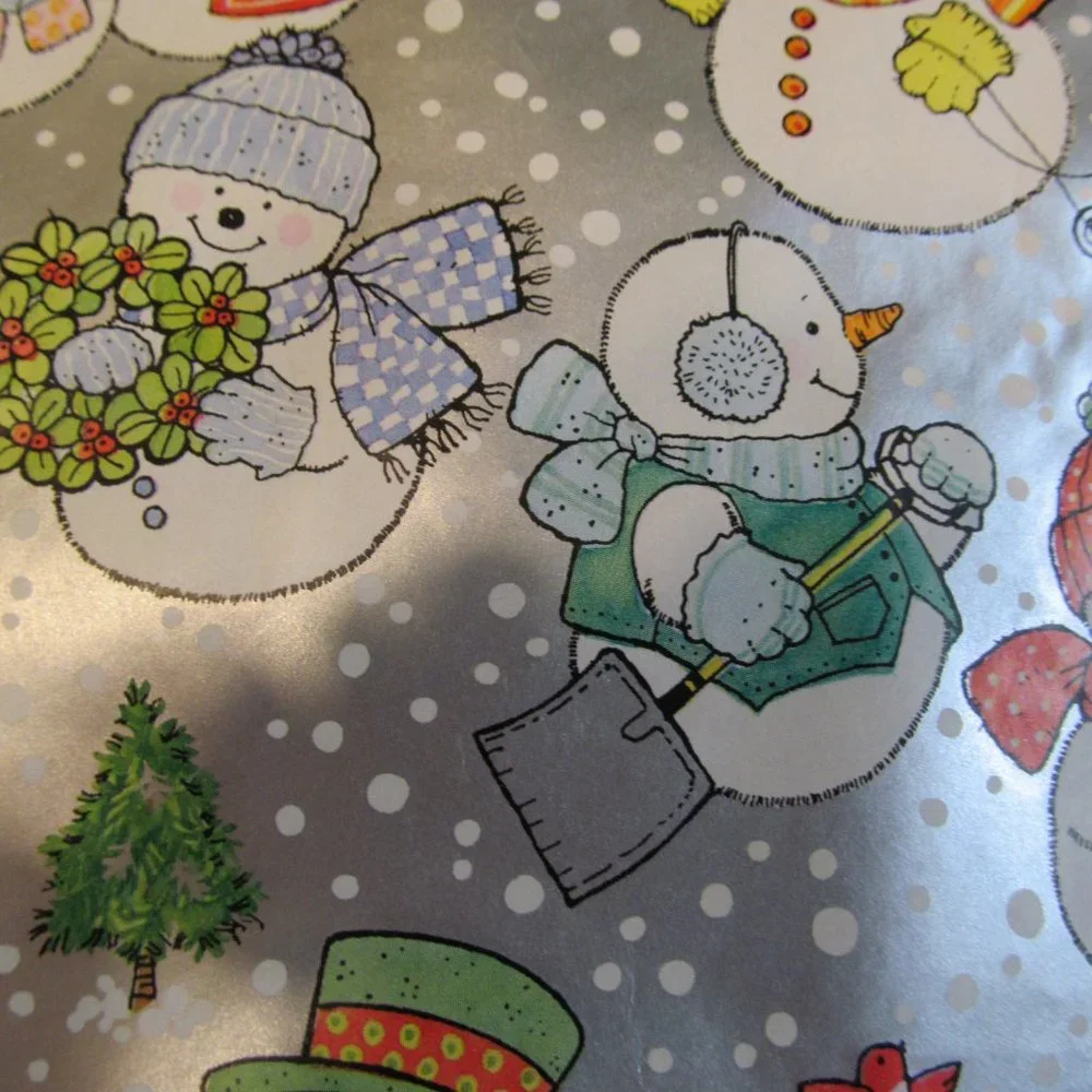 Vintage Hallmark Gift Wrap Paper Partial Roll ~ Snowmen w Trees, Sleds
